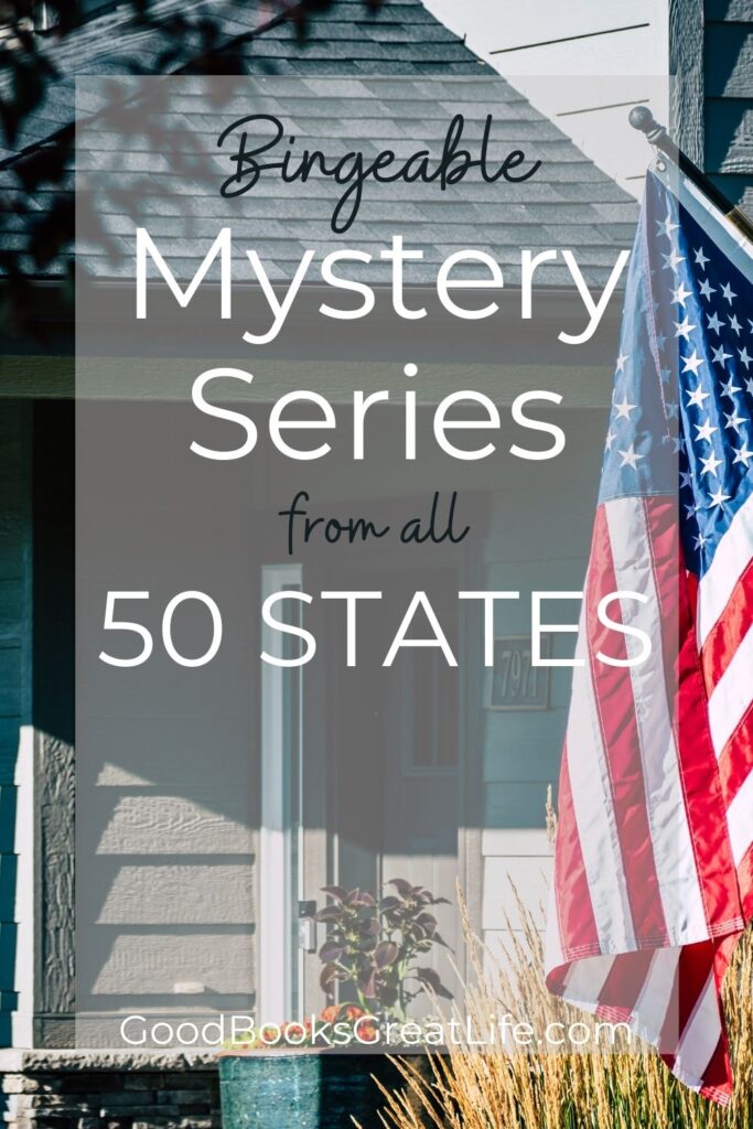 Picture of a white house with an American flag off to the sides and the words mystery series from all 50 states overlayed on top