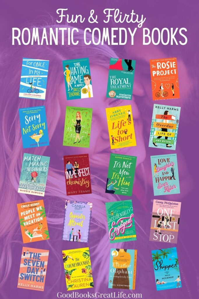 Twenty book covers and the words fun and flirty romantic comedy books overlayed on a purple background with a man kissing a woman's cheek.