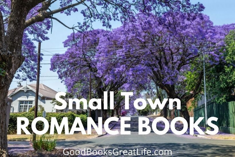 The words small town romance books over laid over a picture of trees with purple blossoms