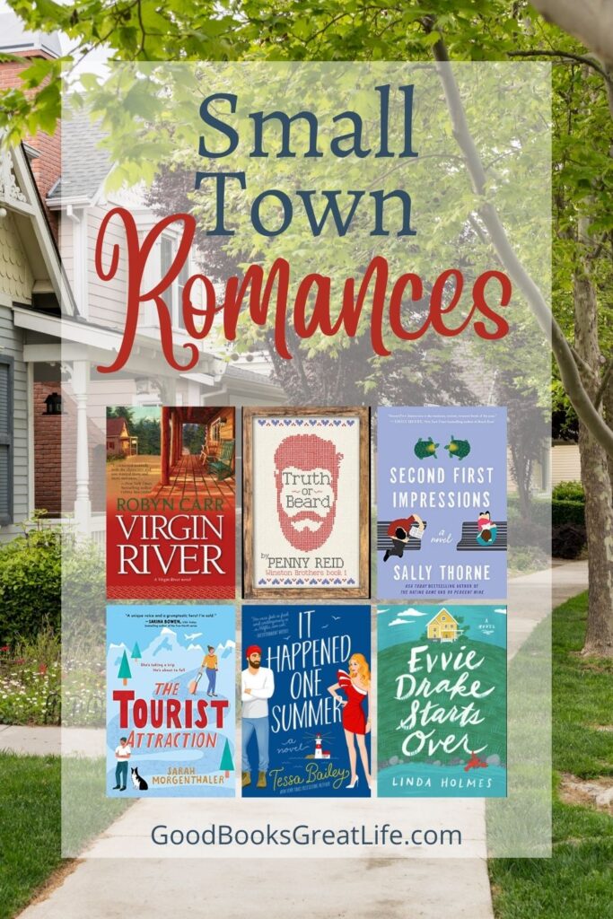 The words small town romances and six different books covers are overlaid on a picture of houses and sidewalk