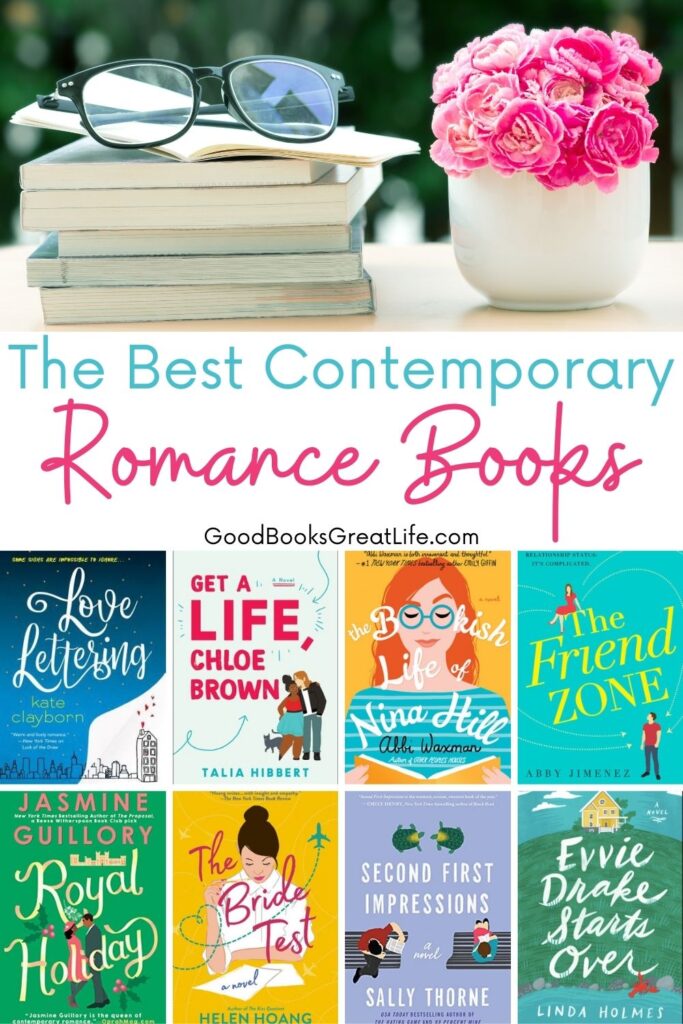 A photo of a pile of books with glasses on top and a white vase filled pink flowers along with a collage of 8 different contemporary romance novels.