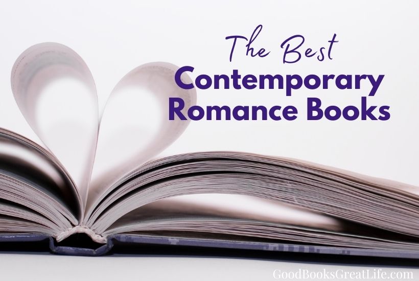 Open book with pages bent in the shape of a heart. The words the best contemporary romance books is overlaid on it.