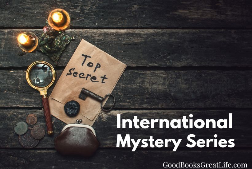 Top secret note, coin purse, old key, candles, and magnifying glass on wood background. Text overlay says international mystery series