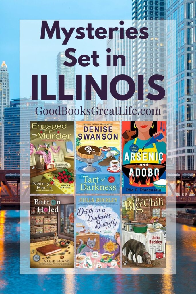 The words mysteries set in Illinois and six book covers are overlaid on a picture of the Chicago skyline