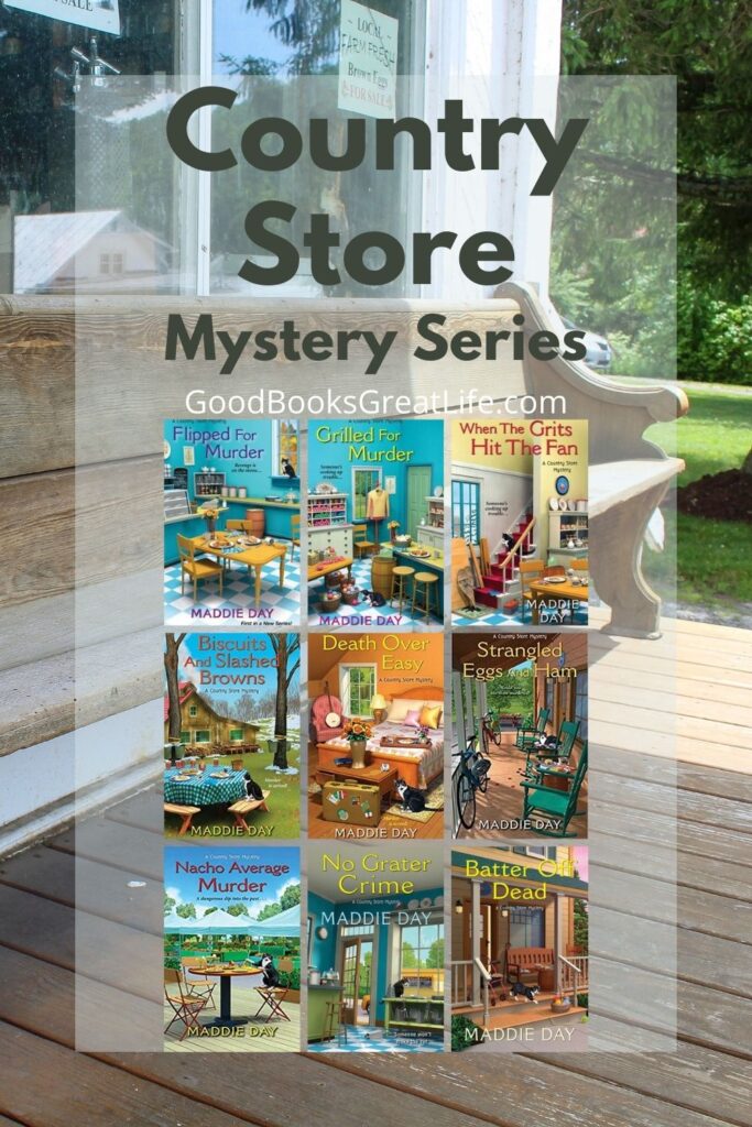 Nine book covers and the words Country Store mystery series overlayed on a picture of a wooden front porch at an angle with a long wooden bench.