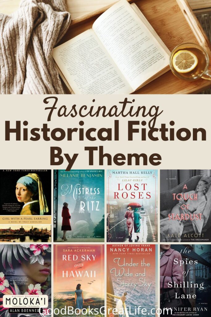 Book, mug, and blanket on a wooden tray with the words Fascinating Historical Fiction by Theme and a collage of eight book covers