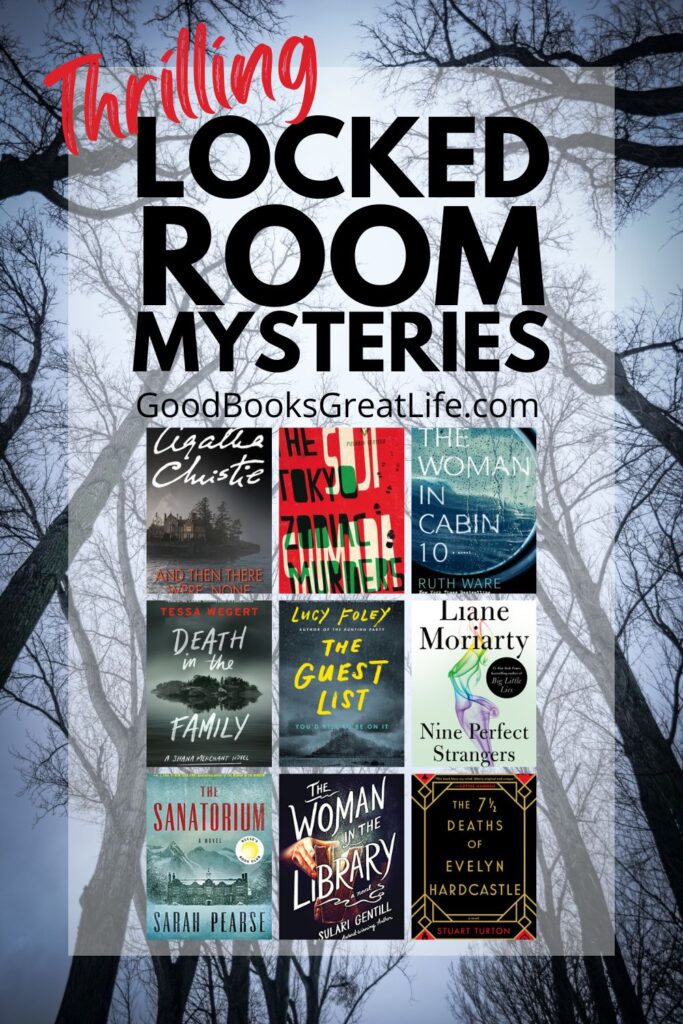 Image of spooky trees in the background with the text Thrilling Locked Room Mysteries and the covers of 9 different mystery books
