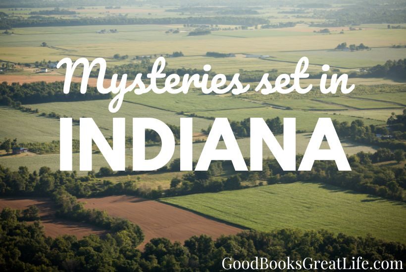 The words mysteries set in Indiana on a background of green patchwork farmland