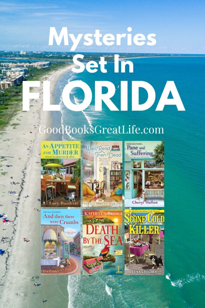 6 book covers and the words Mysteries set in Florida over a picture of a length of beach and blue water