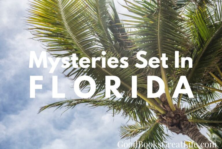 The words mysteries set in Florida over a background looking up at a palm tree and a cloudy sky