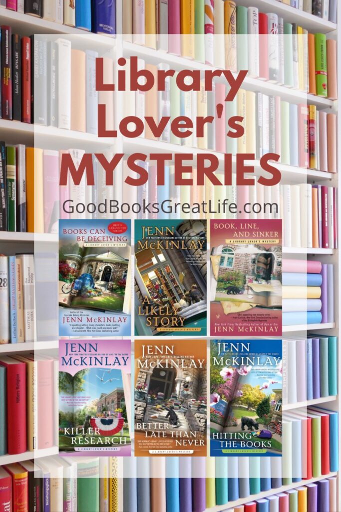 The words library lover's mystery series and six book covers on a photo of a large library bookshelf at an angle full of colorful books