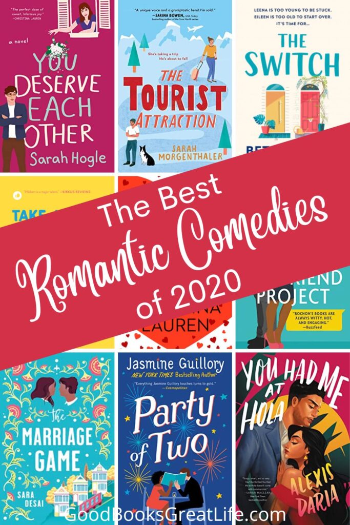 A collage of 9 different romantic comedy book covers with the words the best romantic comedies of 2020 on a magenta banner diagonal across the middle